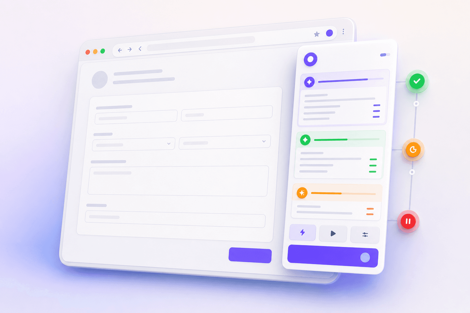 Jobsly application form with a browser extension panel and green, amber, and red workflow states